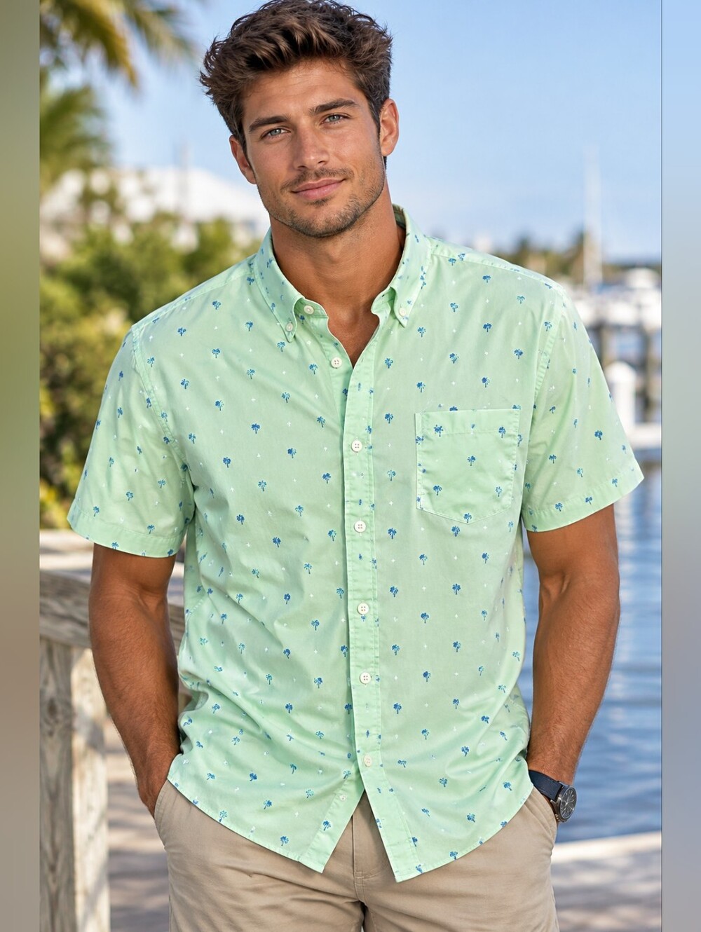 Izod Mint Green Short-Sleeve Button-Down Shirt with Blue Micro Print